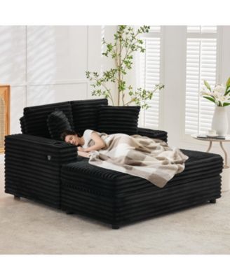 60" Oversized Corduroy Chaise Lounge Indoor, Sleeper Sofa with Charging Station, Cup Holders and Pillows for Living Room Apartment