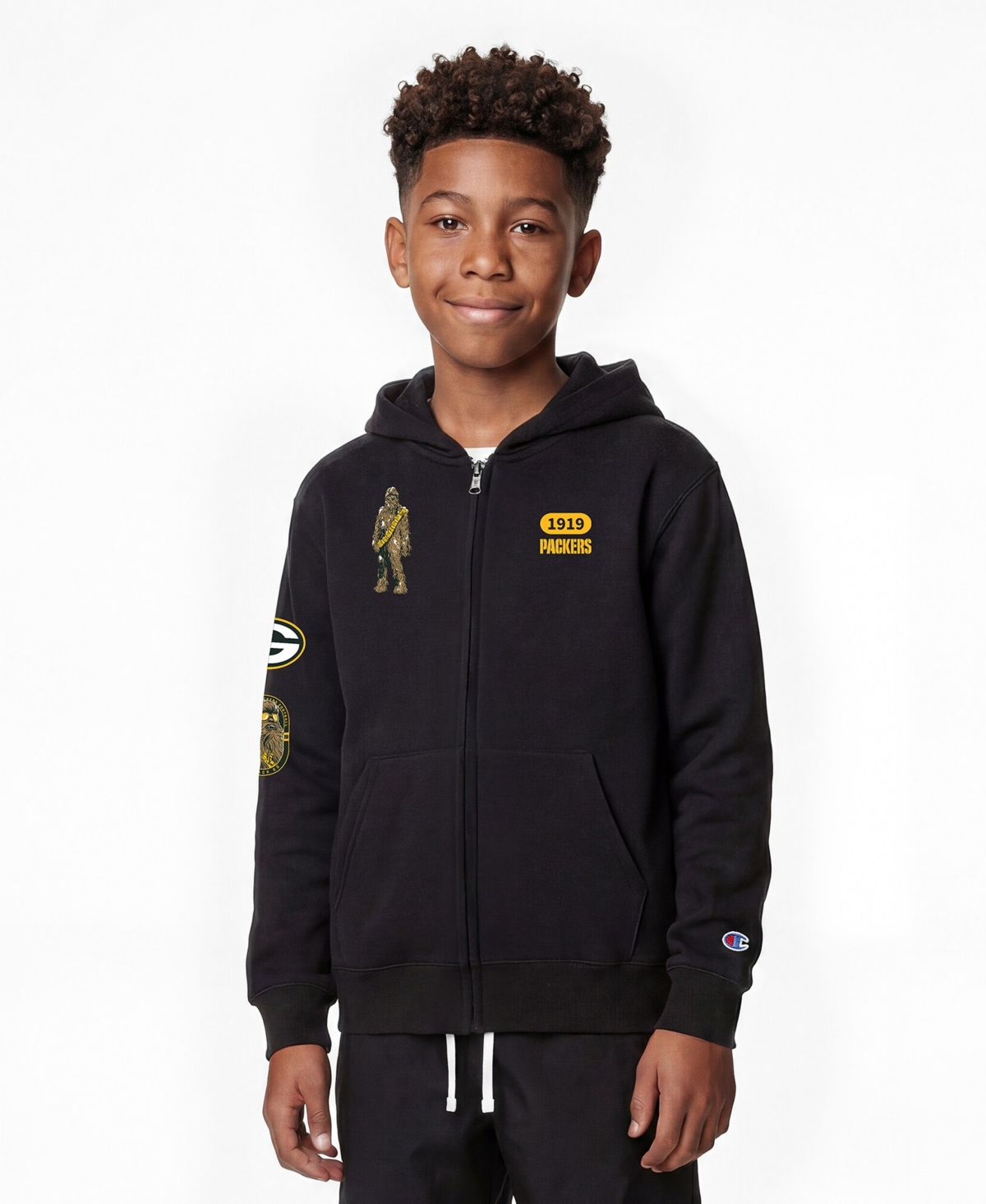 Champion Big Boys and Girls Black Green Bay Packers Disney X Champion Full-Zip Hoodie - Black