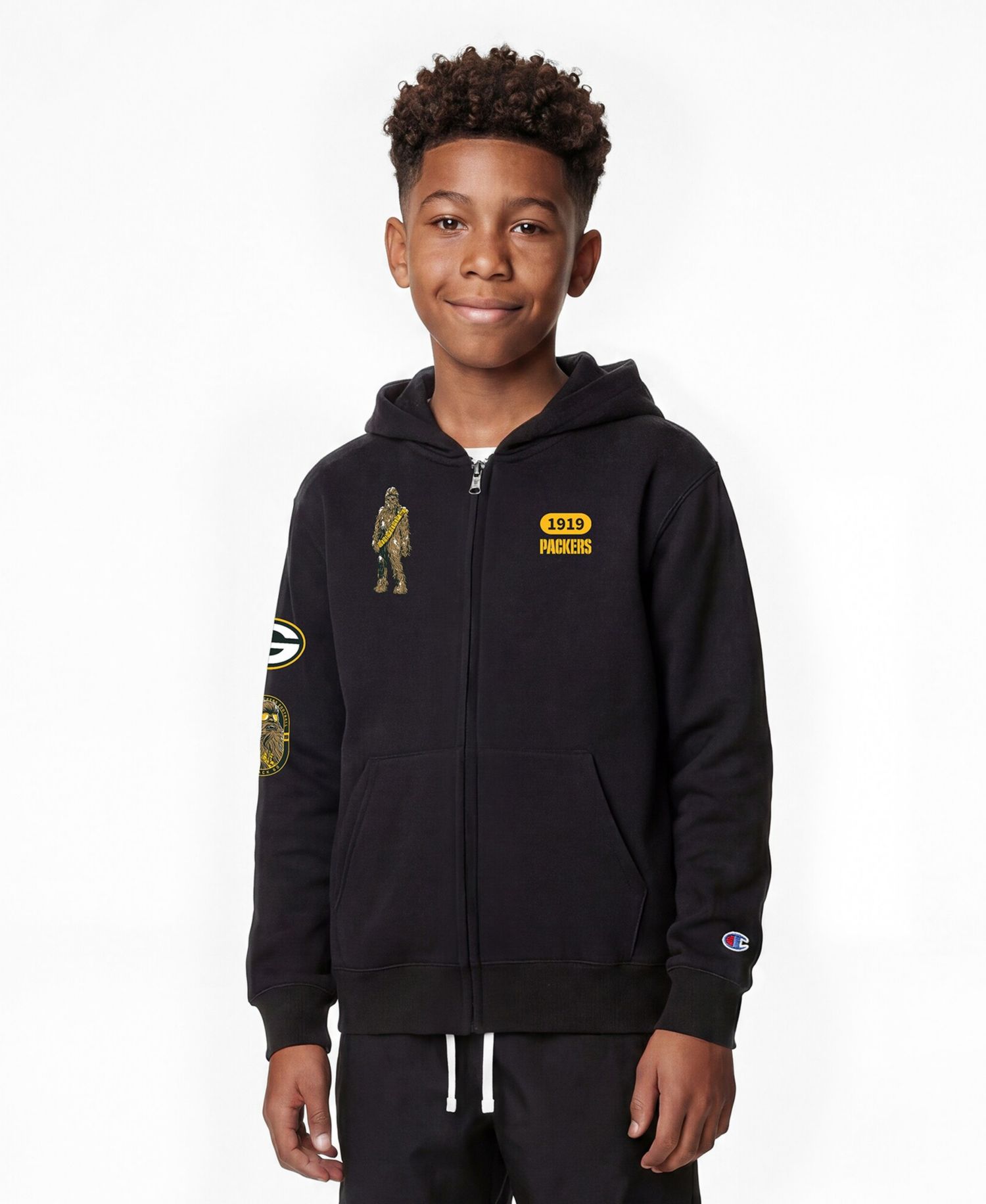 Big Boys and Girls Black Green Bay Packers Disney X Champion Full-Zip Hoodie