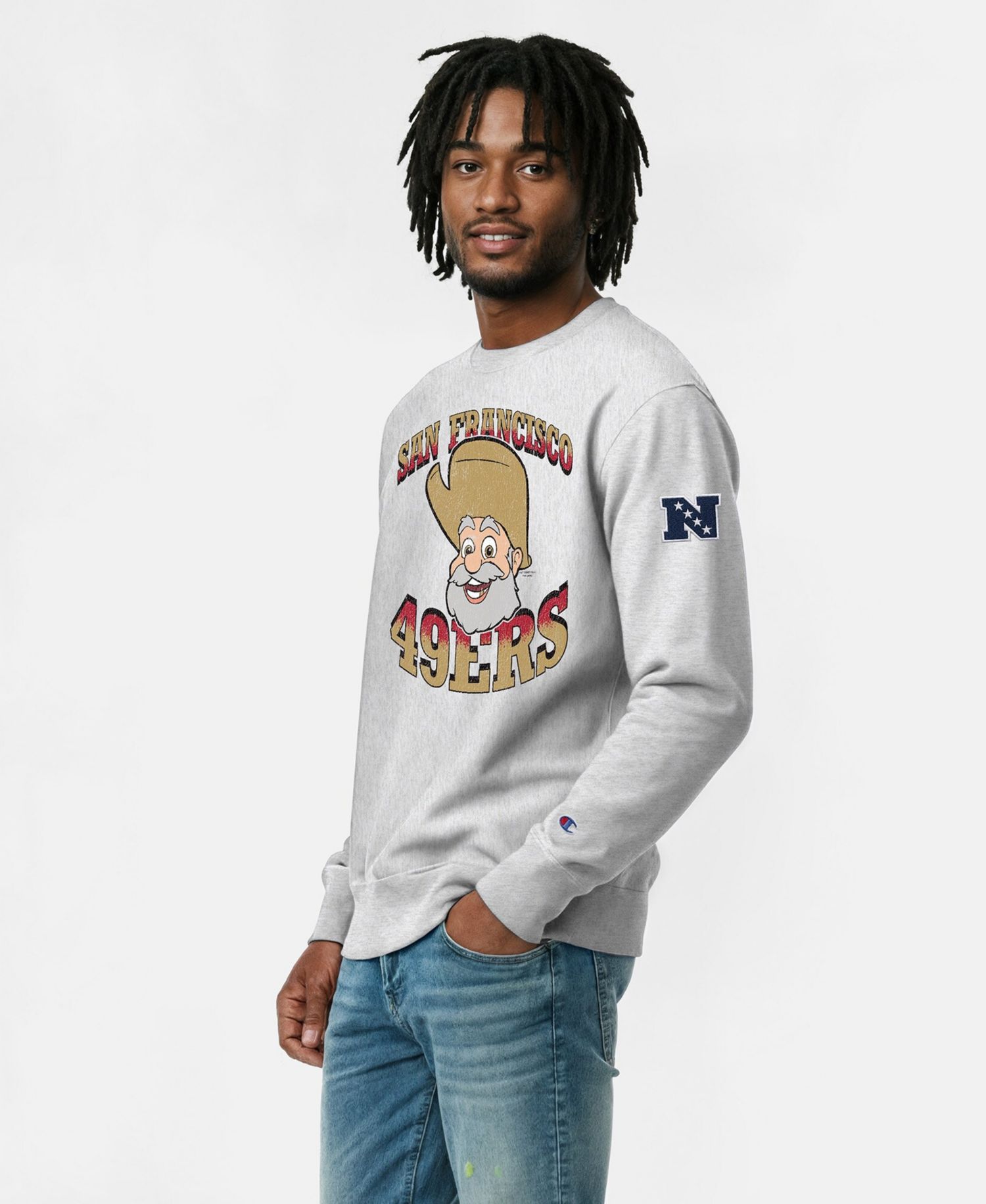 Men's Silver San Francisco 49ers Disney X Champion Reverse Weave Fleece Crewneck Sweatshirt