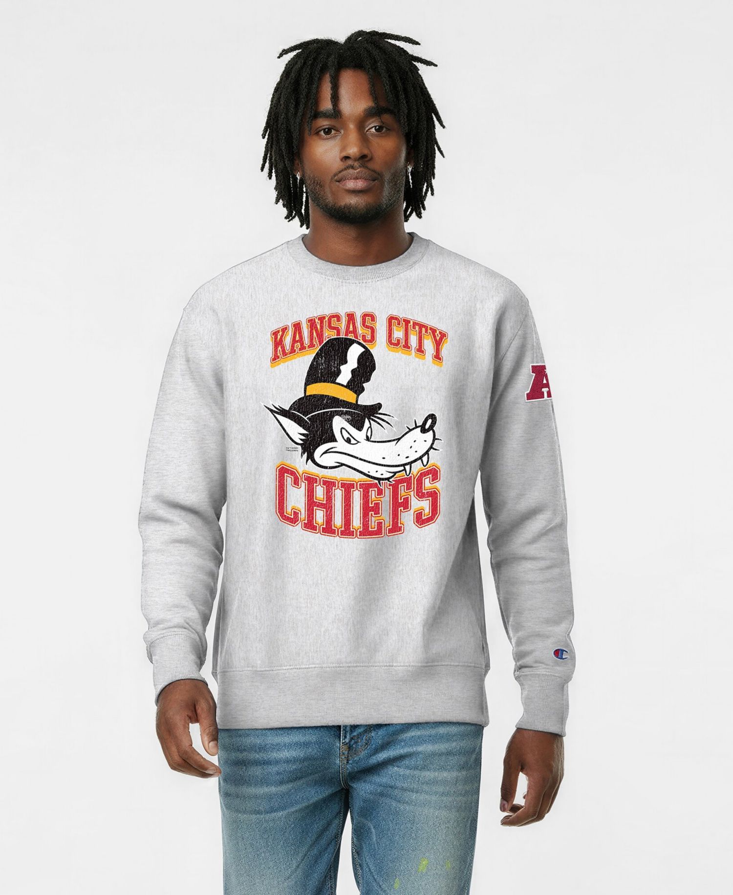 Men's Silver Kansas City Chiefs Disney X Champion Reverse Weave Fleece Crewneck Sweatshirt