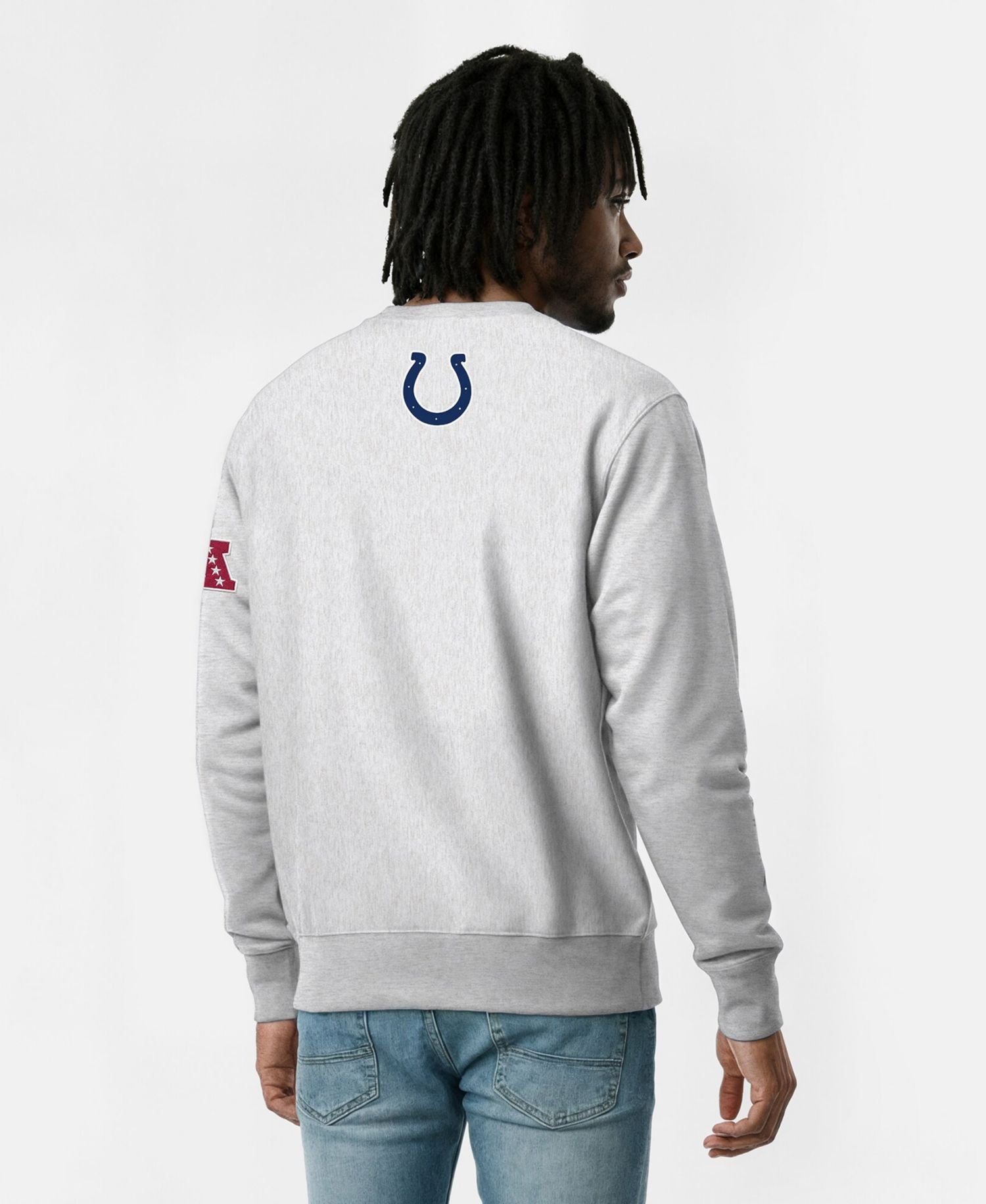 Men's Silver Indianapolis Colts Disney X Champion Reverse Weave Fleece Crewneck Sweatshirt