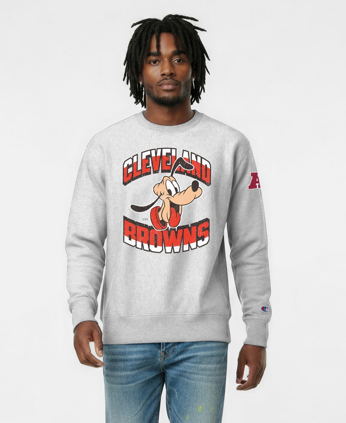 Champion Men's Silver Cleveland Browns Disney X Champion Reverse Weave Fleece Crewneck Sweatshirt - Silver