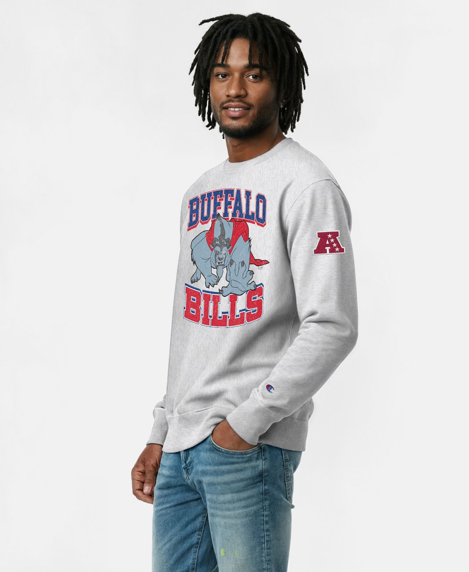 Men's Silver Buffalo Bills Disney X Champion Reverse Weave Fleece Crewneck Sweatshirt