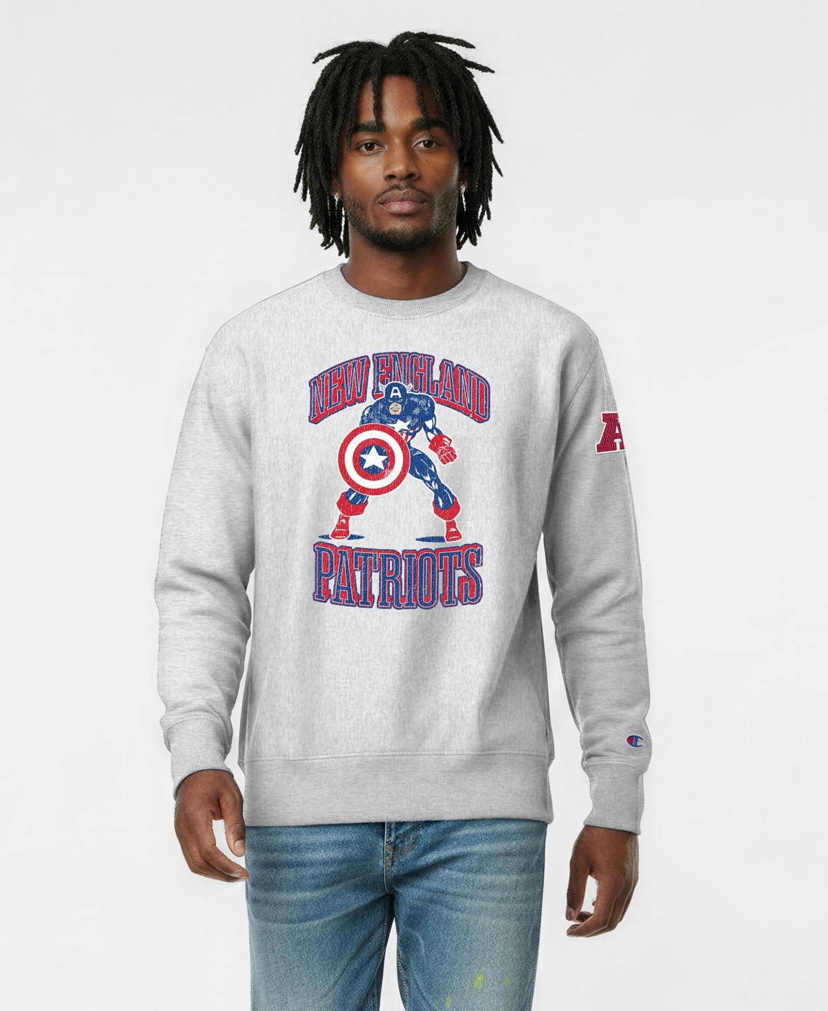 Champion Men's Silver New England Patriots Disney X Champion Reverse Weave Fleece Crewneck Sweatshirt - Silver