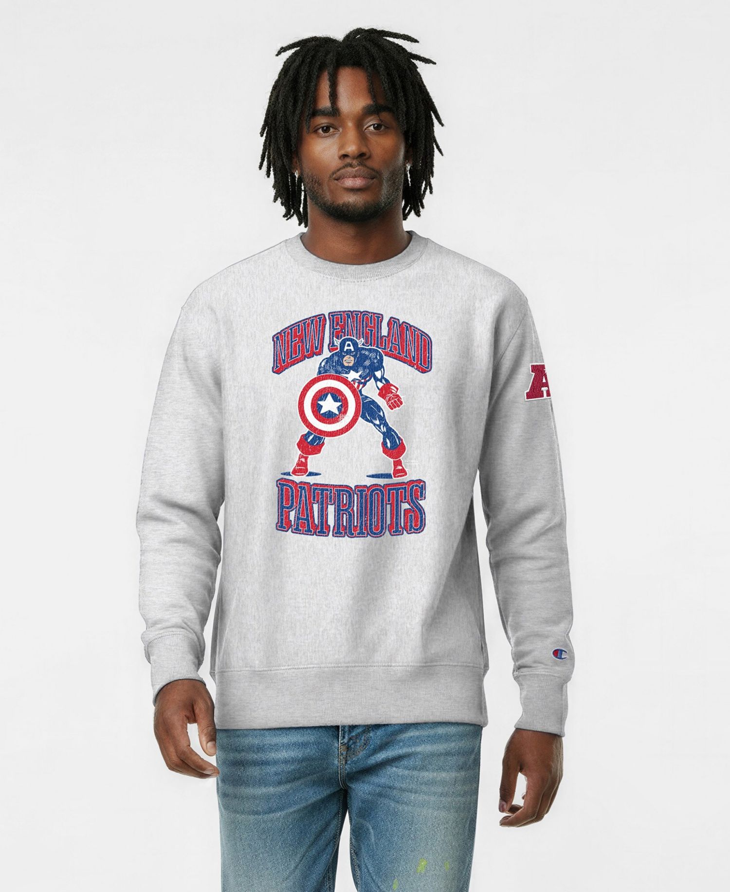 Men's Silver New England Patriots Disney X Champion Reverse Weave Fleece Crewneck Sweatshirt