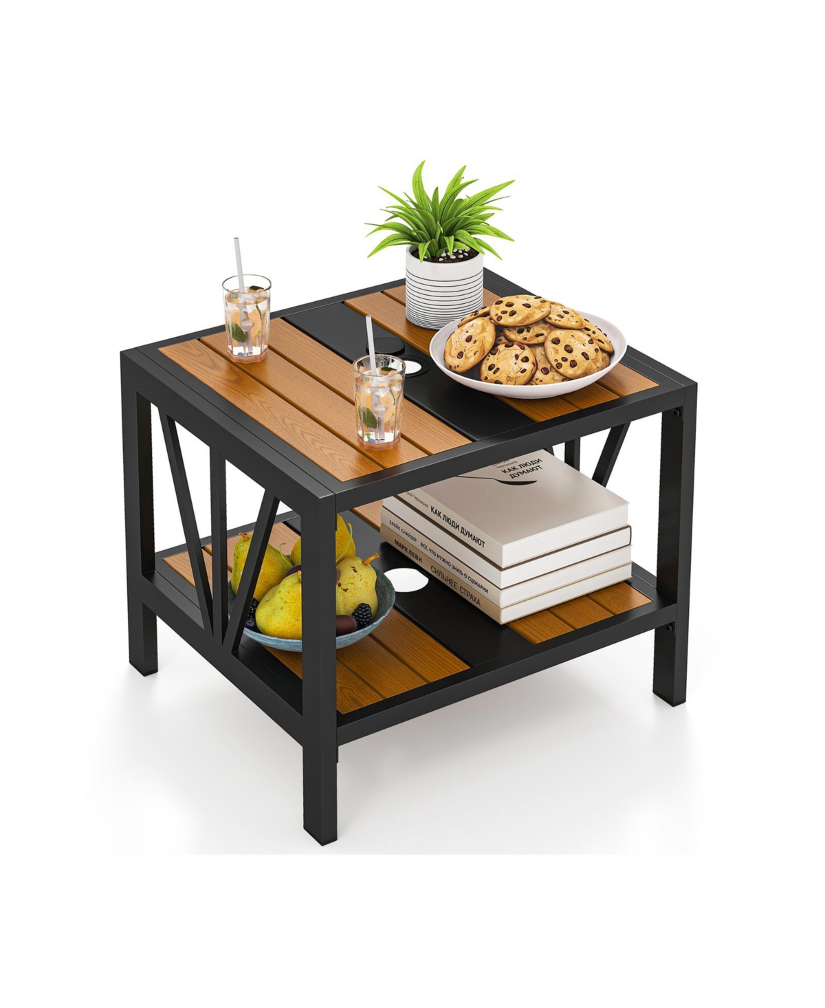 Mecale 20.5 in Patio Side Table with Umbrella Hole and Storage Shelf