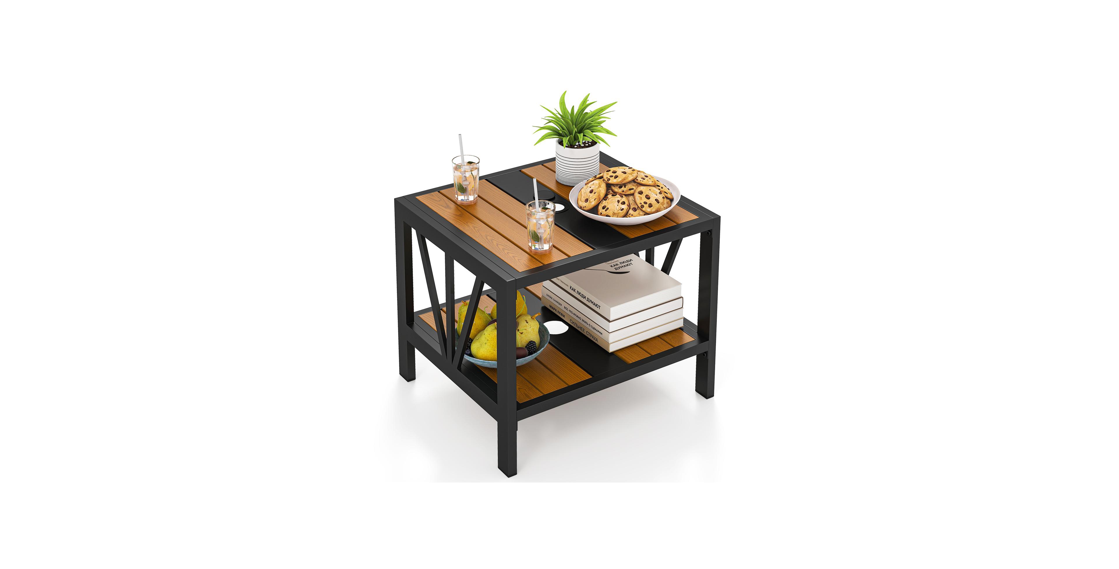 Mecale 20.5 in Patio Side Table with Umbrella Hole and Storage Shelf
