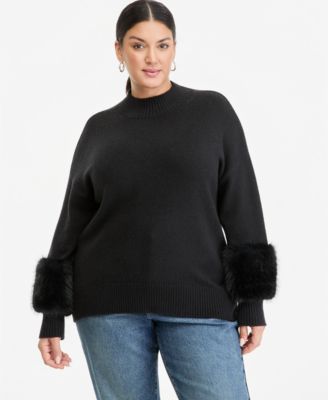 Plus Size Mock Neck Long-Sleeve Faux-Fur Trim Pullover Sweater