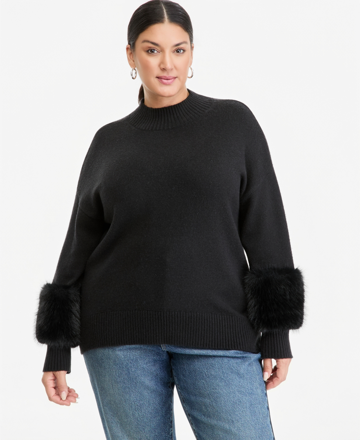 I.n.c. International Concepts Plus Size Mock Neck Long-Sleeve Faux-Fur Trim Pullover Sweater, Macy's Exclusive