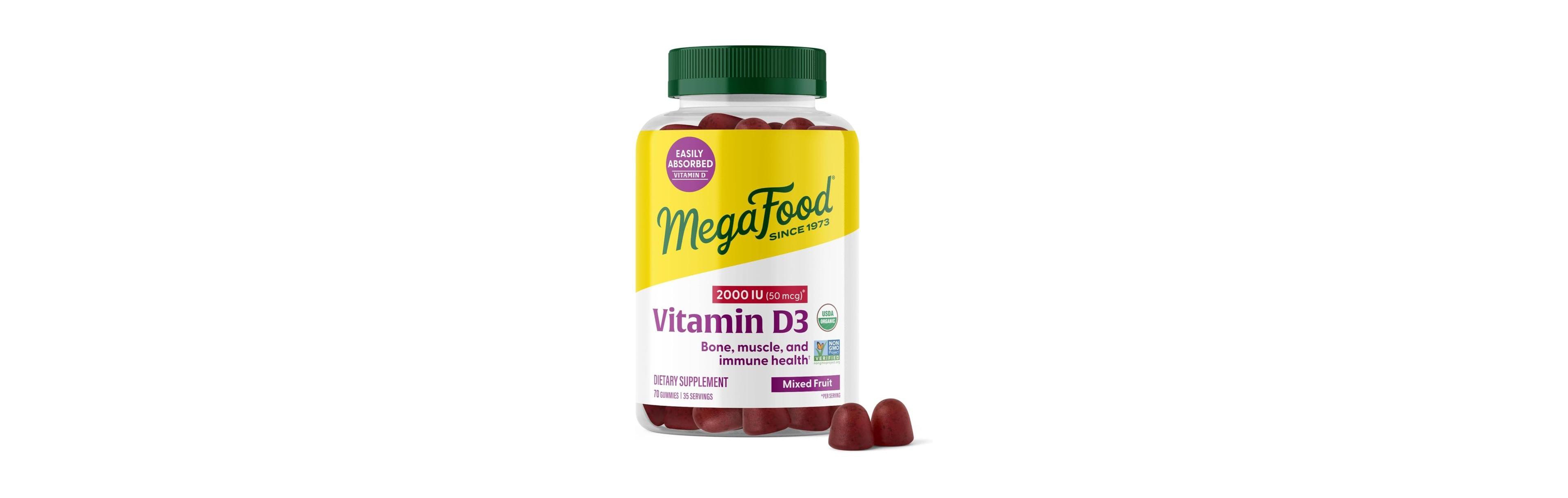 MegaFood Vitamin D3 Gummies 2000 Iu Muscle and Immune Support 70 Mixed Fruit Gummies
