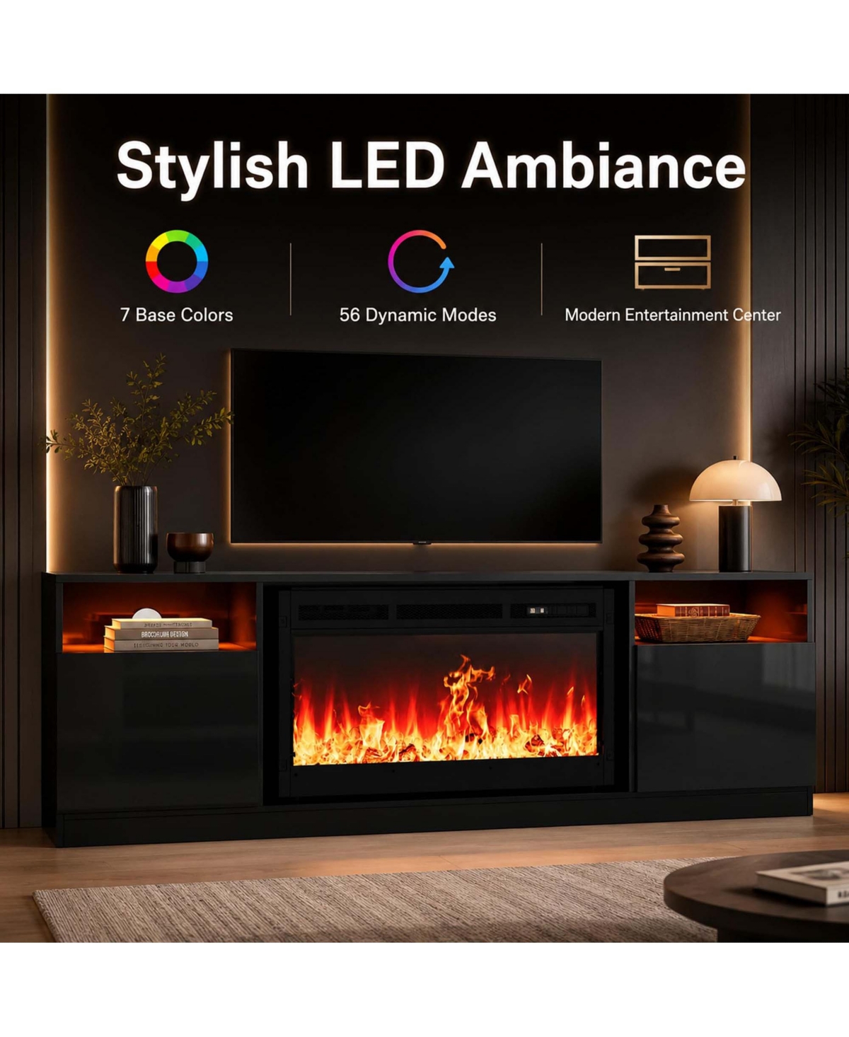 homfan Electric Fireplace Tv Stand Entertainment Center with Heater Adjustable Flame Remote Control Storage Shelves Cabinets for Large TVs Living Room