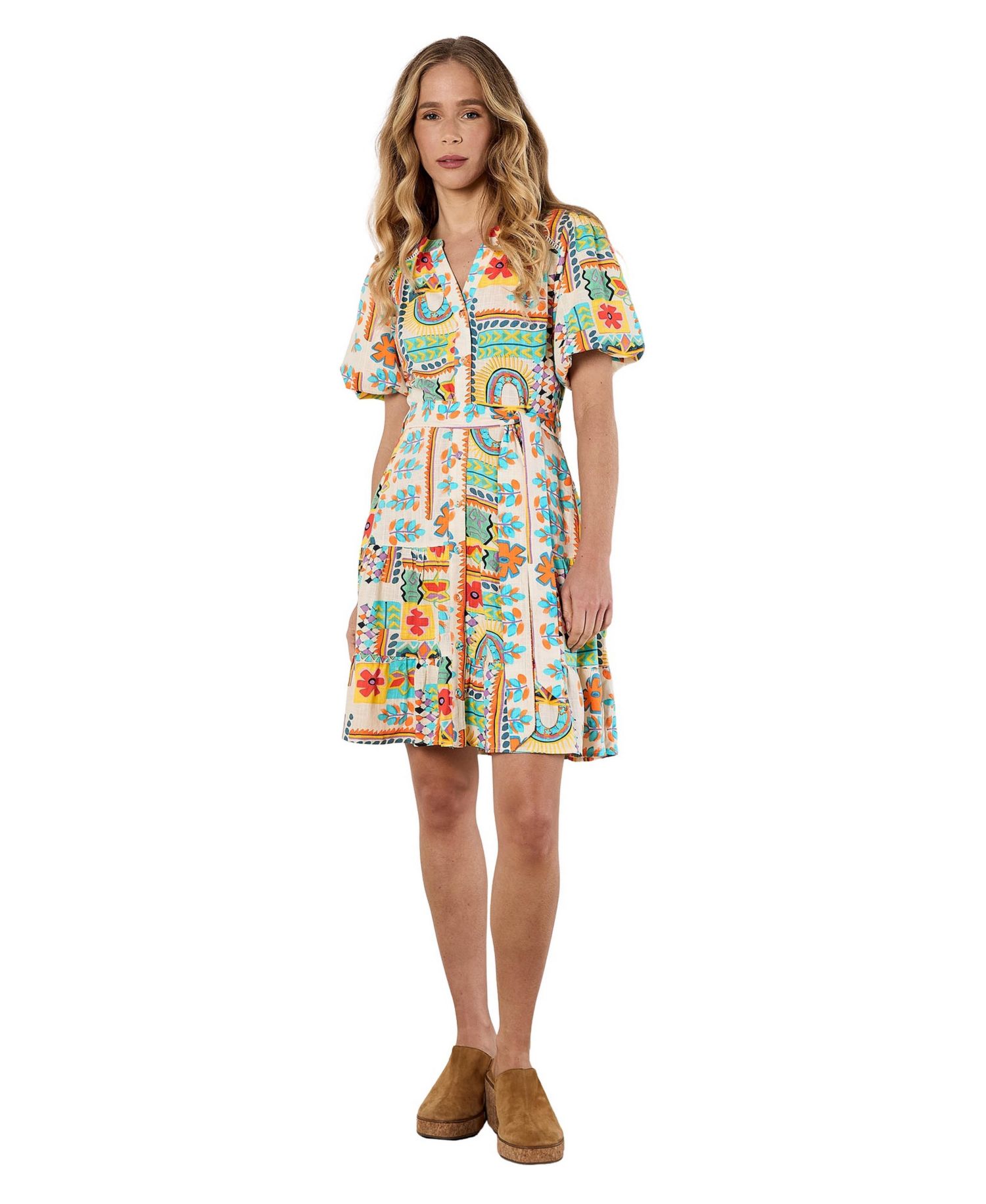 Women's Tropical Animation Puff-Sleeve Tropical-Print Tiered Mini Dress