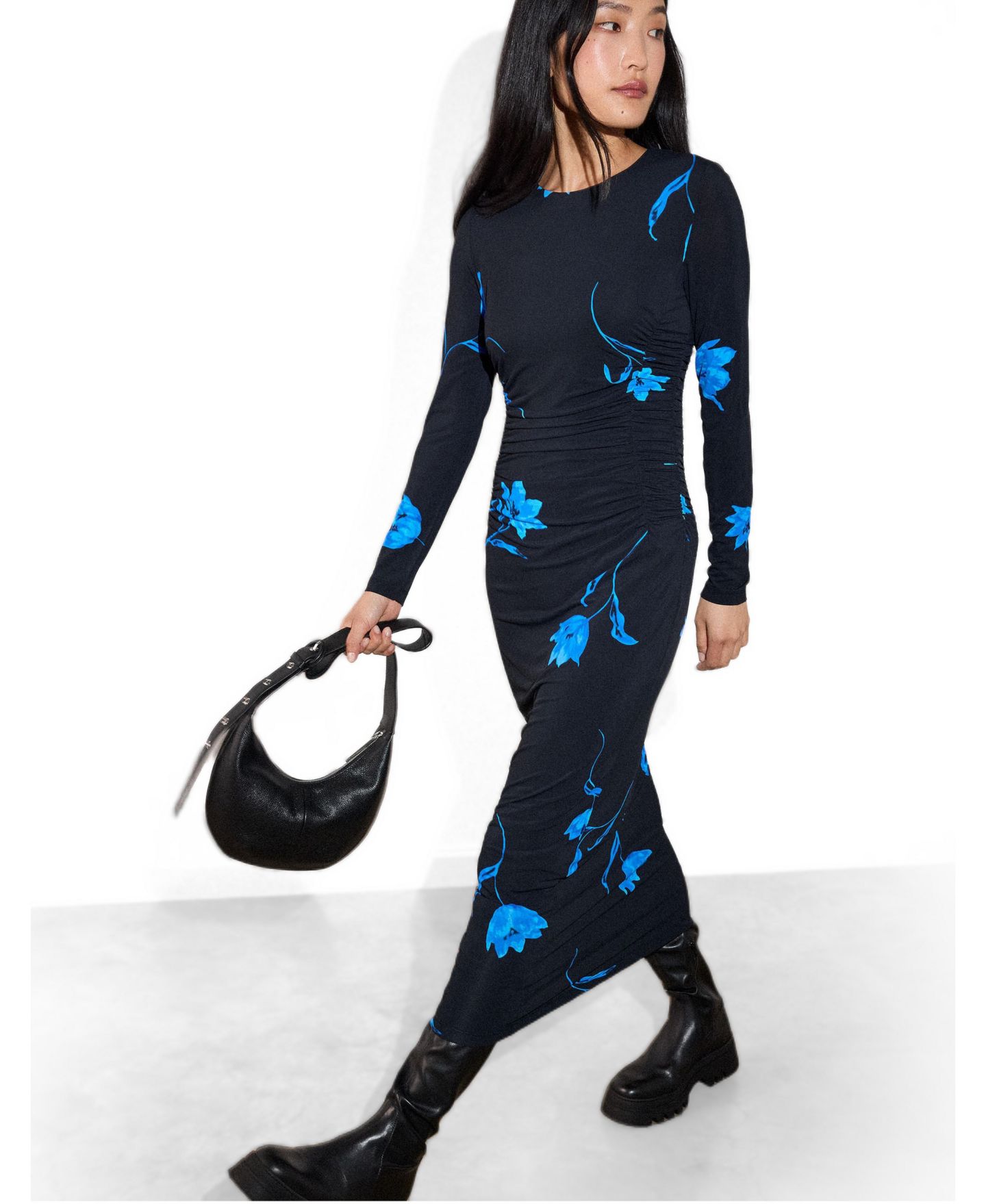 Женское платье Whistles Floral Long-Sleeve Midi Jersey, цвет: Чёрный / Разноцветный — фото 2
