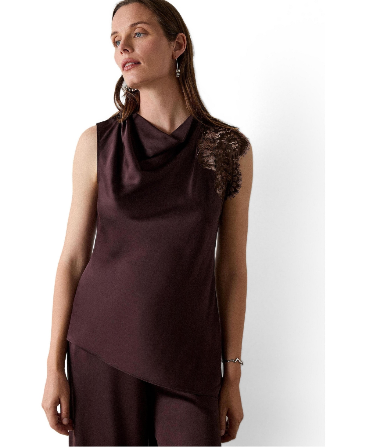 Whistles Women's Lace Asymmetric Satin Sleeveless Top