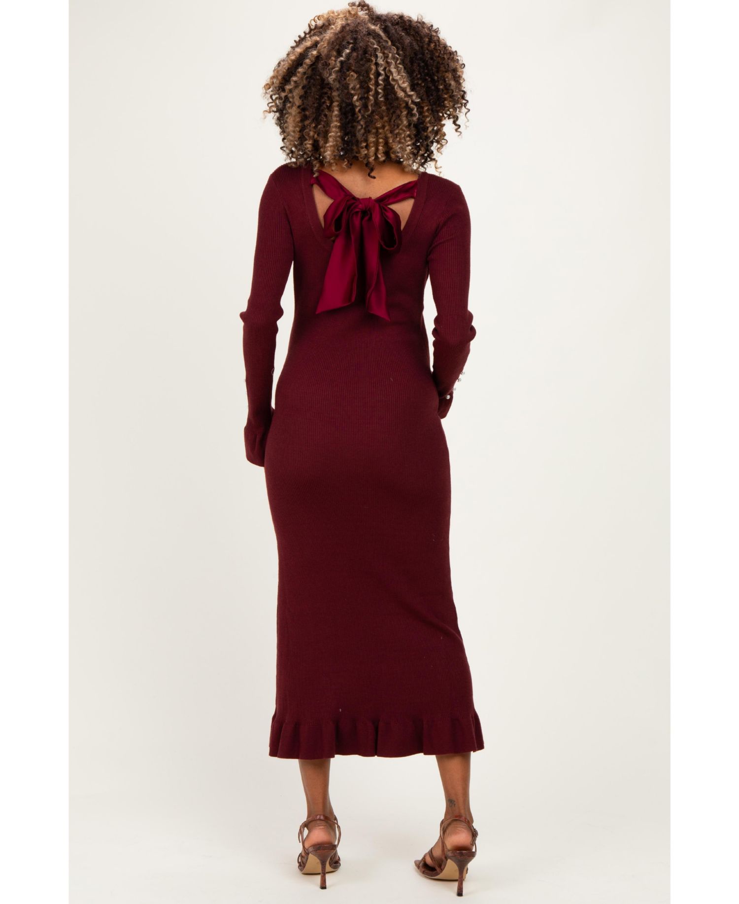 Women's Olive Ribbed Knit Bow Back Maxi Dress
