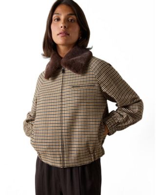 Women's Fur Collar Checked Bomber Jacket