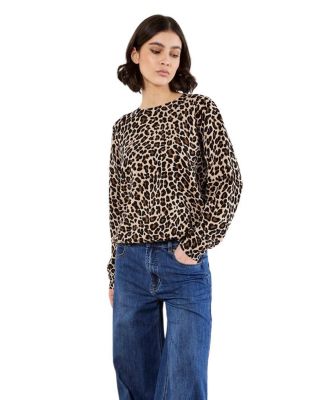 Women's Leo Leopard-Print Ribbed-Knit Crewneck Sweater