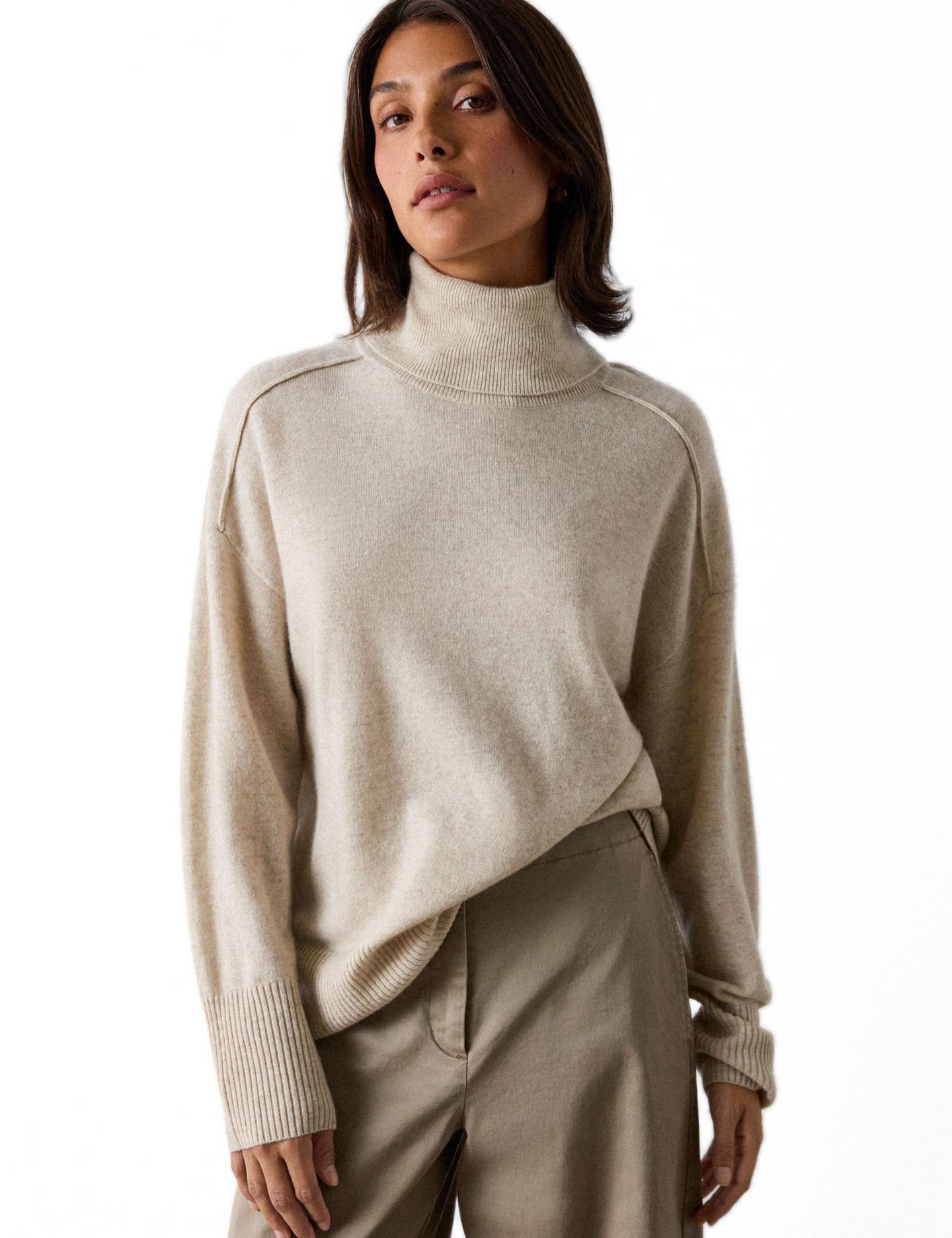 Женский свитер Whistles Cashmere Turtleneck Long-Sleeve Sweater, цвет: Овсяный — фото 1