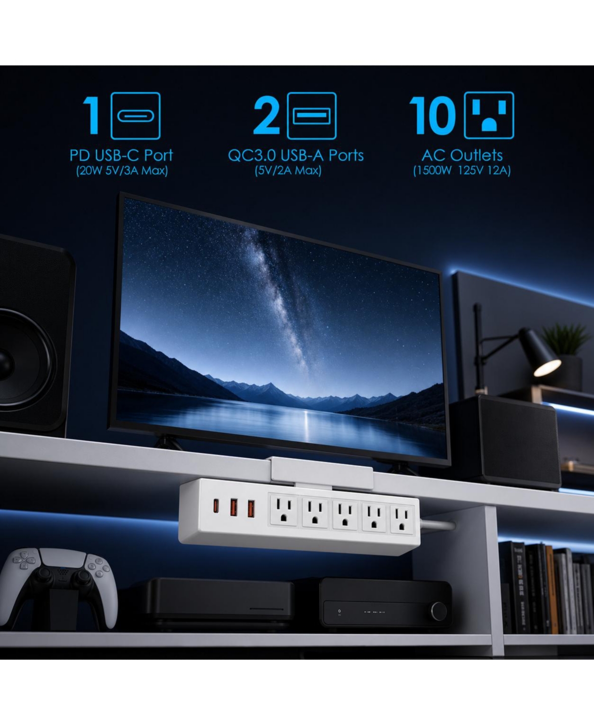Lofree 13-in-1 Desk Mount Surge Protector Power Strip with 20W Usb-c Fast-Charging for Computers and Accessories