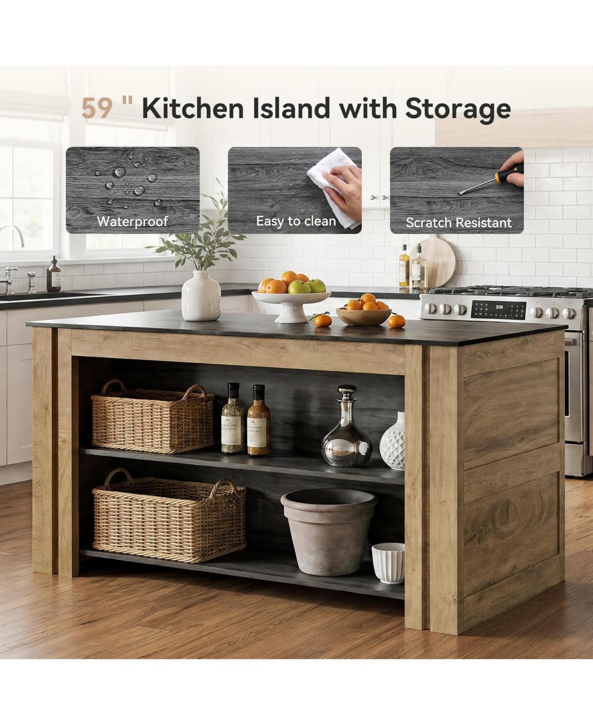 Tribesigns Kitchen Island with Seating and Storage, Farmhouse Wood Stationary Island Table, Coffee Bar Table
