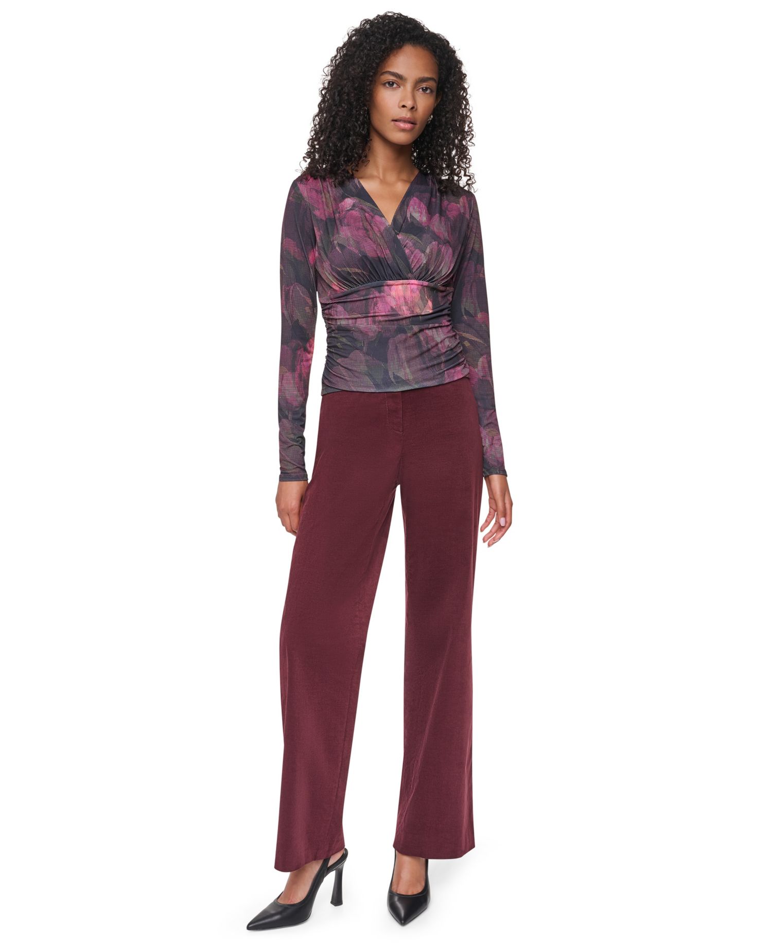 Women's Floral-Print Ruched Long-Sleeve V-Neck Blouse