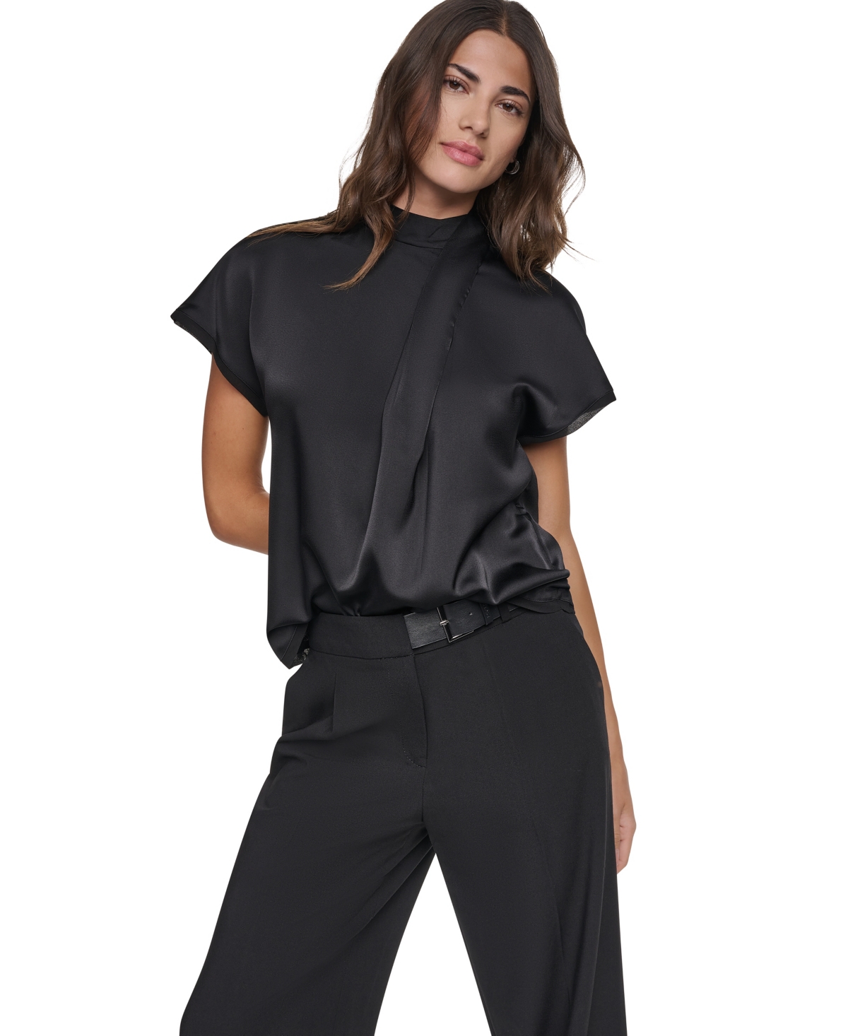 Dkny Women's Short-Sleeve Mock-Neck Satin Blouse - Black