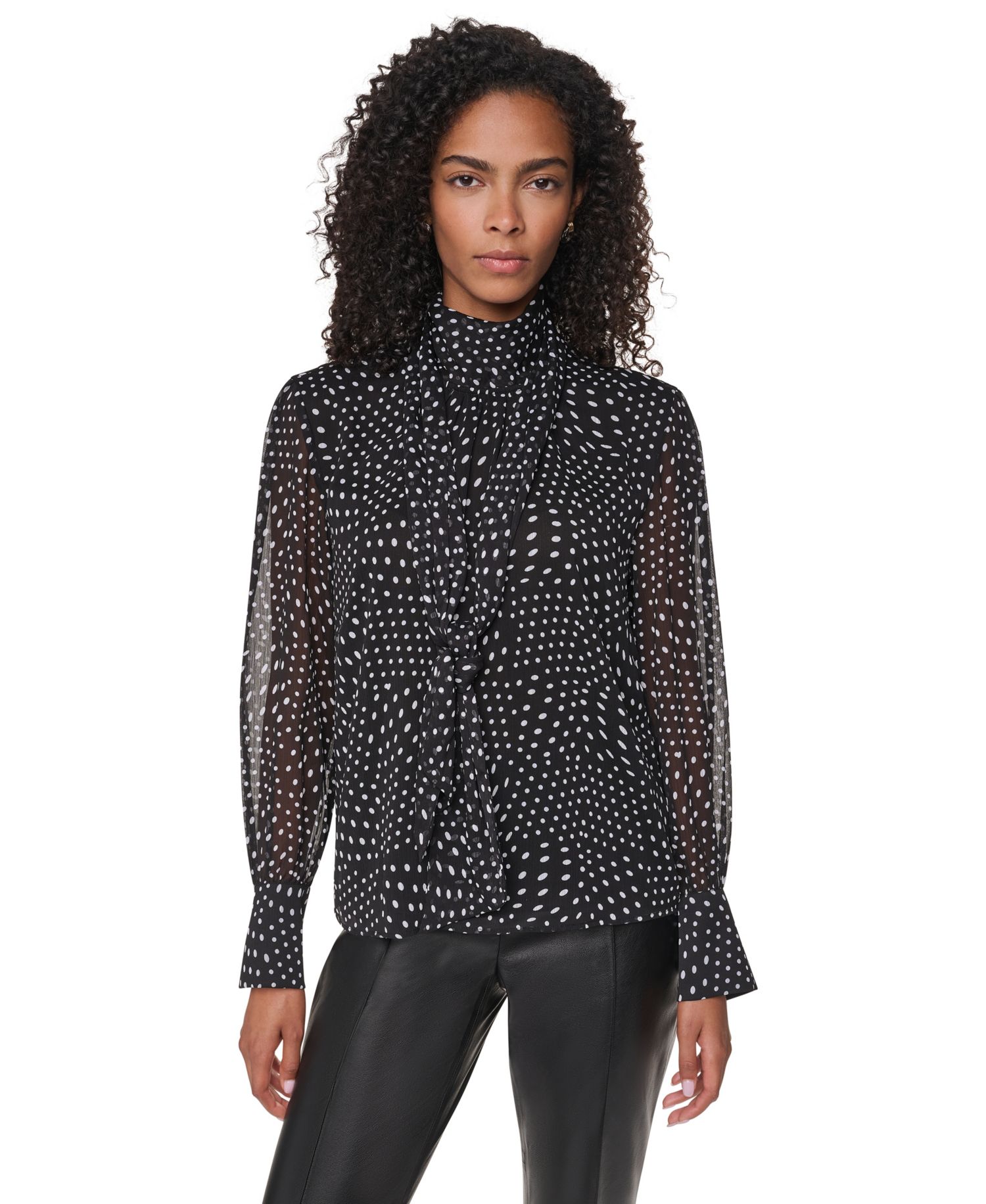 Women's Mock Neck Long Sleeve Polka Dots Blouse