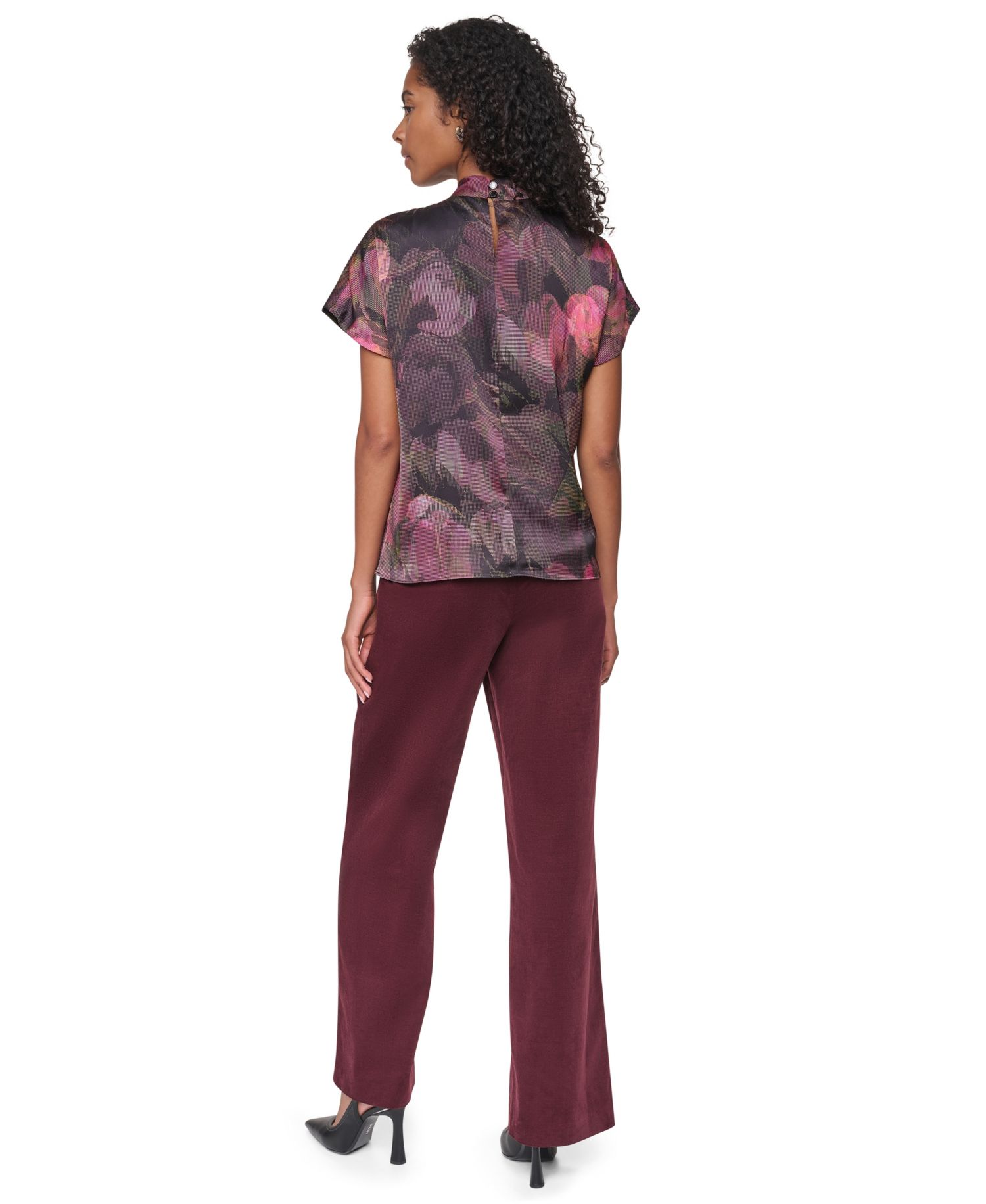 Women's Floral-Print Mock Neck Short-Sleeve Blouse