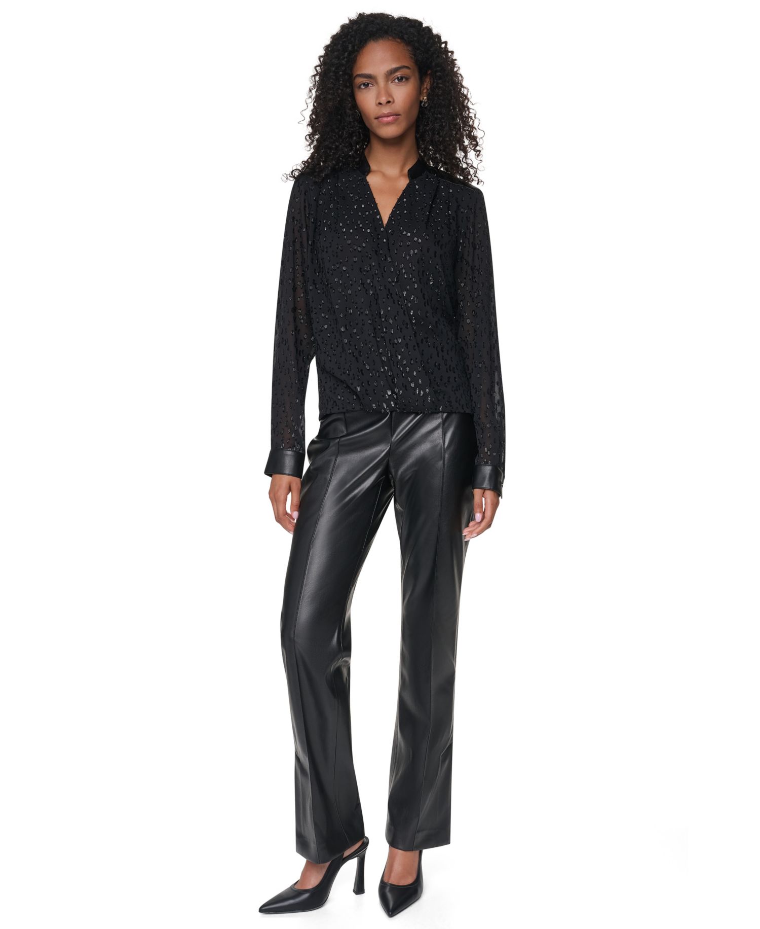 Women's Clip Dot Surplice V-Neck Long-Sleeve Blouse