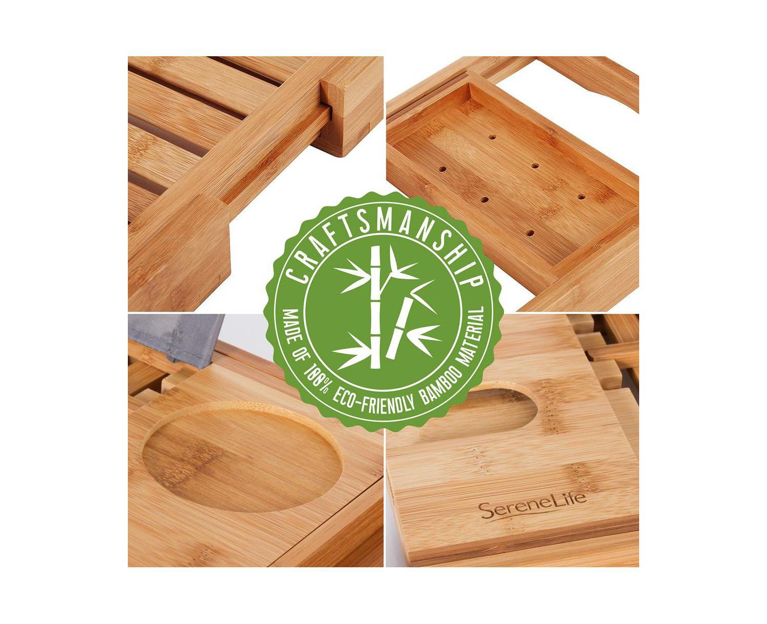 Toddler Luxury Bamboo Bathtub Caddy Tray, Adjustable Bath Organizer With Wine Holder and Phone Slot