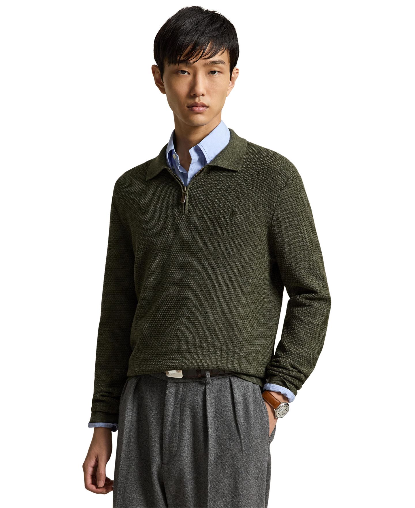 Мужской свитер Polo Ralph Lauren Quarter-Zip Polo-Collar Regular-Fit Wool, цвет: Оливковый меланжевый — фото 1