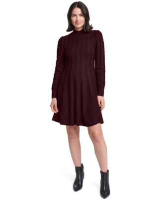 Women's Long-Sleeve Cable Fit & Flare Mock Neck Knee Length Dress