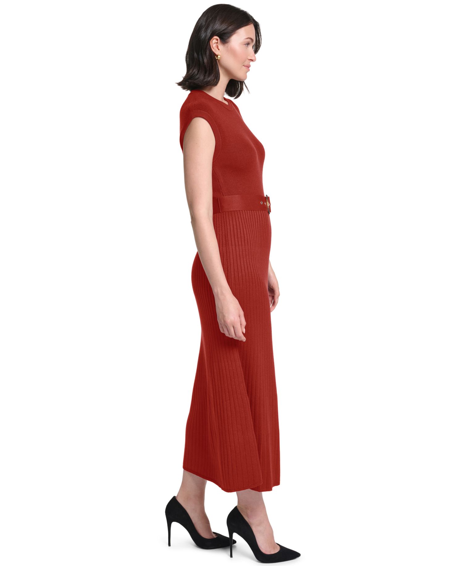Petite Belted Midi Ribbed Dress
