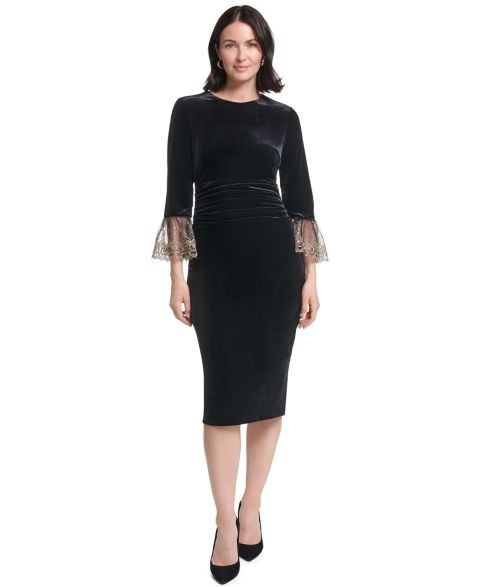 Женское платье Jessica Howard 3/4-Sleeve Ruched Waist Stretch Velvet Sheath, цвет: Чёрный