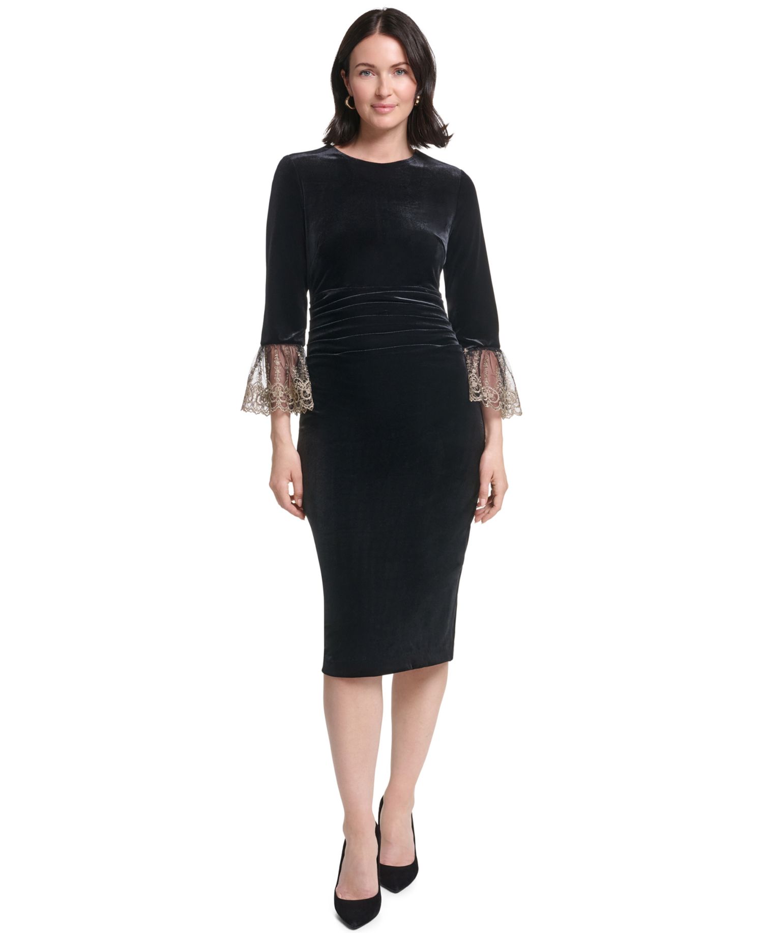 Petite 3/4-Sleeve Ruched Waist Stretch Velvet Sheath Dress