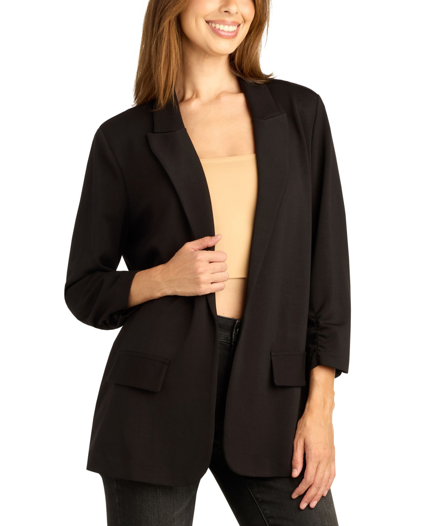 Juniors' Lightweight-Scuba Cinched-Sleeve Blazer