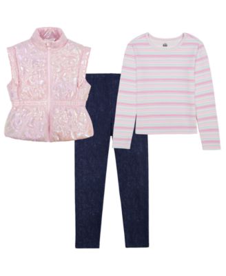 Girls' 4-16 Striped Long-Sleeve Puffer Vest, T-Shirt and Pants, 3-Piece Set