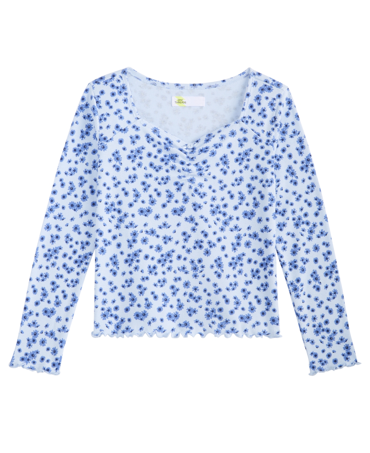 Epic Threads Kids' Girls' 4-16 Long-sleeve Floral-print Sweetheart-neckline T-shirt, Macy's Exclusive In Lucien Blue