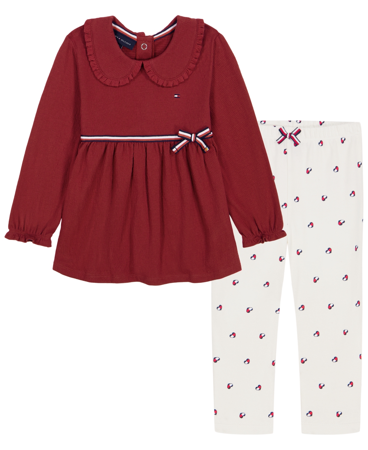 Tommy Hilfiger Baby Girls' Long-Sleeve Peter Pan Collar Bow Tunic and Leggings, 2-Piece Set