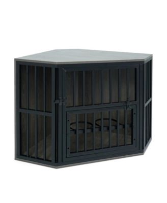 35.5 Inch Corner Dog Kennel End Table with 3-Position Bowl Rack and Chew-Resistant Frame