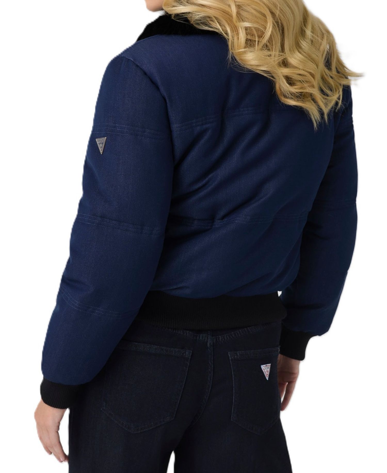 Women's Ivana Puffer-Bomber Faux-Fur Collar Synched-Waist Denim Jacket
