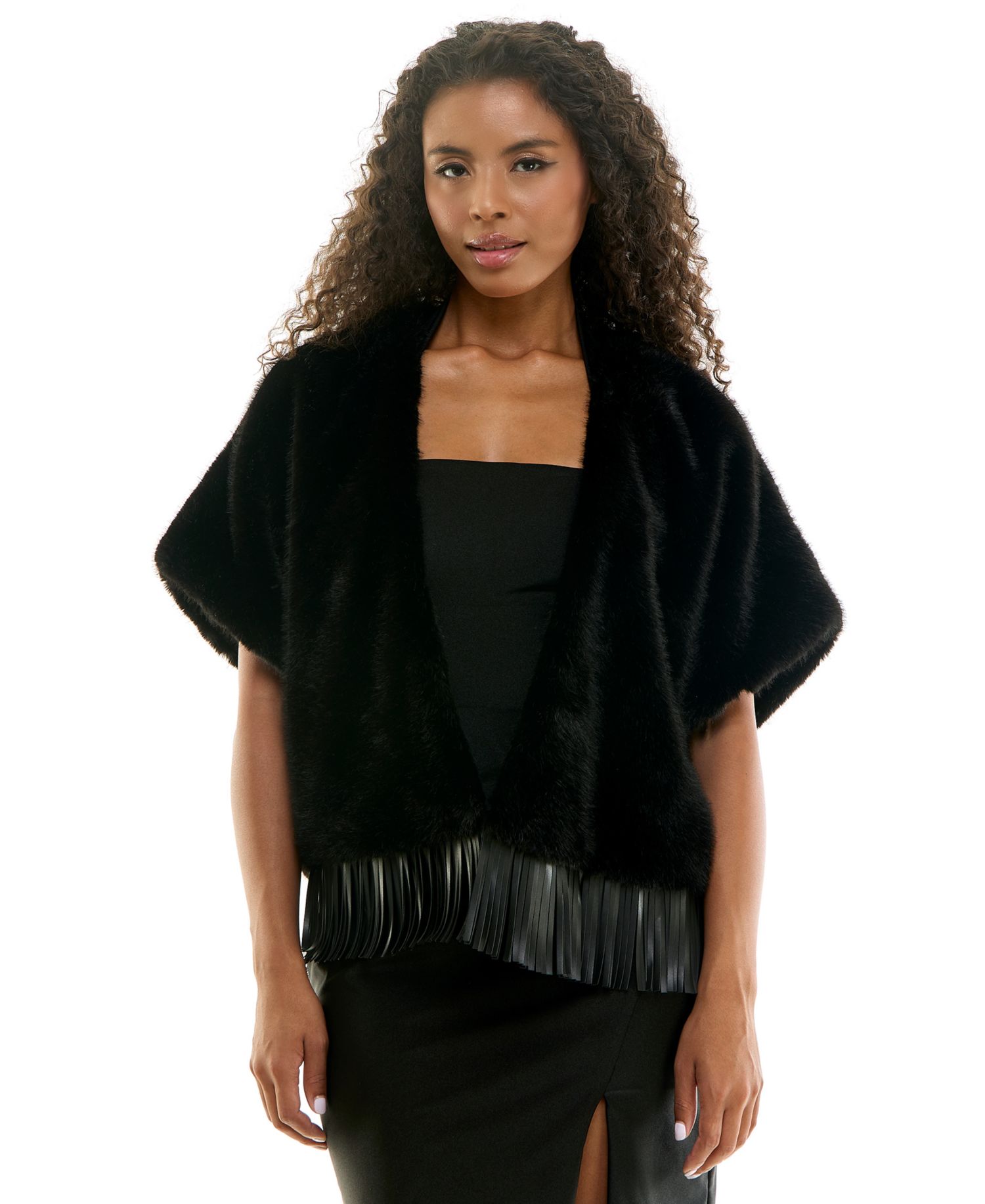 Juniors' Faux Fur Open-Front Pleather-Fringe Hem Jacket