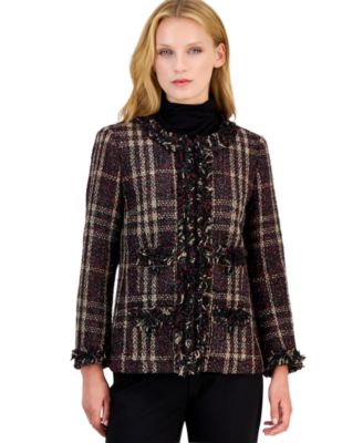 Petite Fringe-Trim Plaid Shawl-Collar Jacket