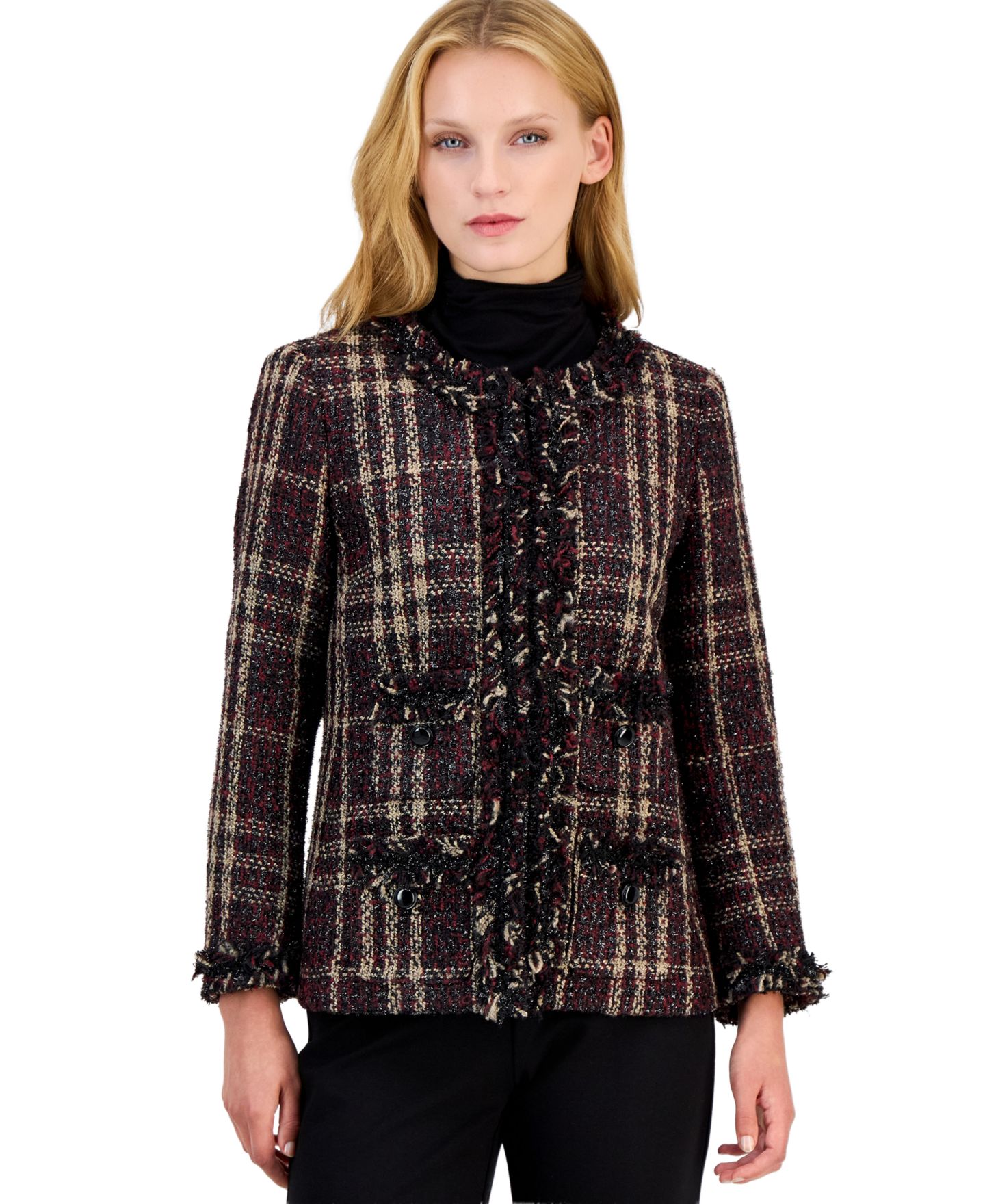 Женская куртка Anne Klein Plaid Fringe-Trim Tweed, цвет: Разноцветный — фото 1