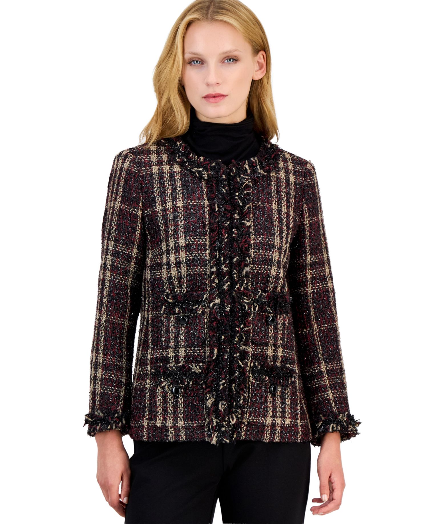 Petite Fringe-Trim Plaid Shawl-Collar Jacket