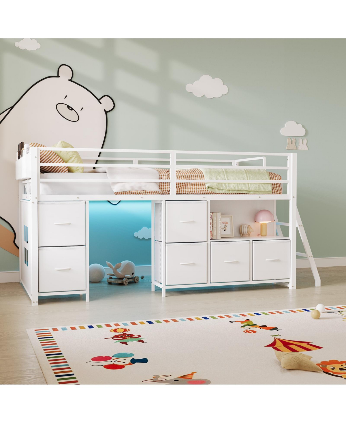gaomon Metal Twin Loft Bed with 6 storage drawers, a desk, and Led lights spacious play area under the bed 14-inch-high safety rails - White