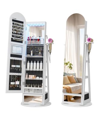 Swivel Arched Jewelry Cabinet with Full-Length Mirror, Lockable Standing Armoire
