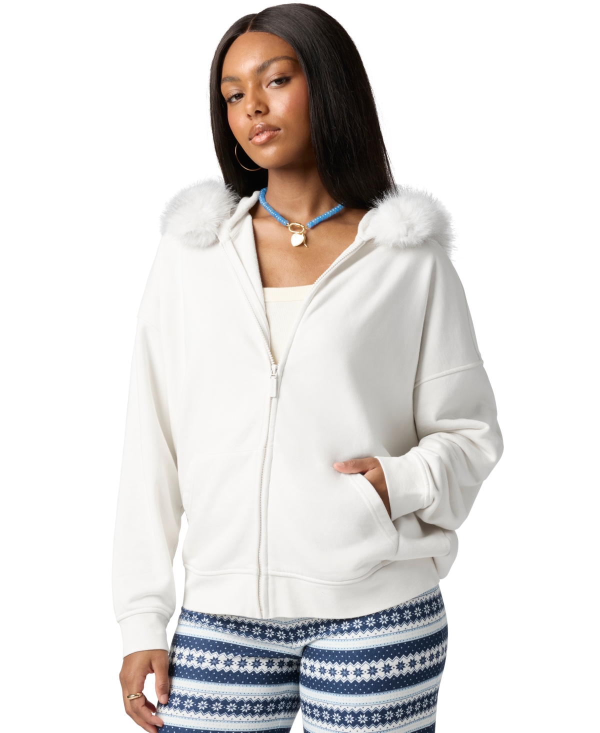 Florence By Mills Women's Cozy Crush Faux-Fur-Trim Full-Zip Hoodie - Brt White