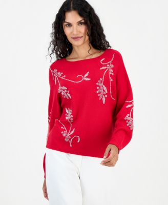 Women's Long-Sleeve Dolman Sweater with Seed Bead Embellishment